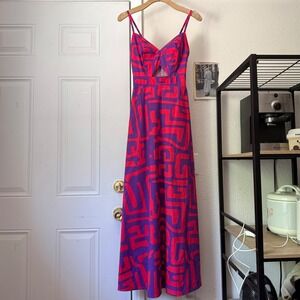 D'IYANU pink purple tribal print cutout sleeveless smocked midi maxi sundress